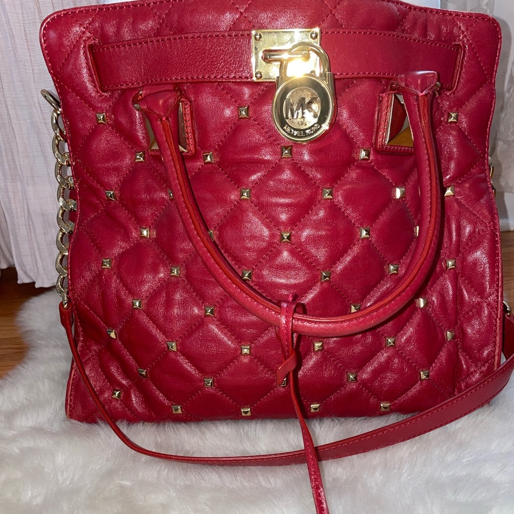 michael kors hamilton red tote with gold studs